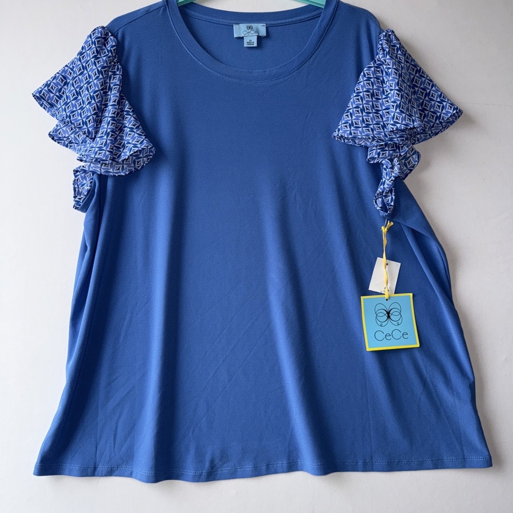 Cece Women's Blue Ruffled Short Flutter-Sleeve Knit Top Mixed Media Size 2x